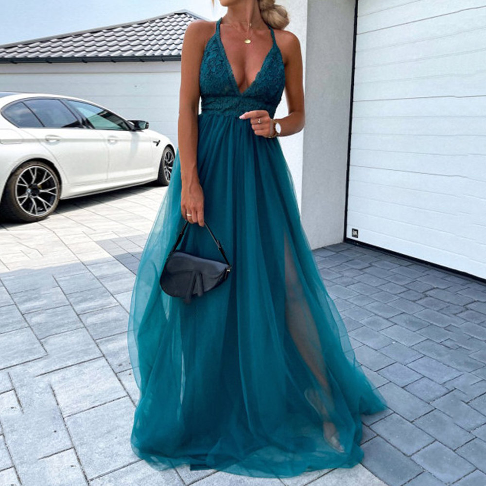 Maxi Tulle Dress | Floor-Length V-Neck Lace Sleeveless Pullover Women's Maxi Dress
