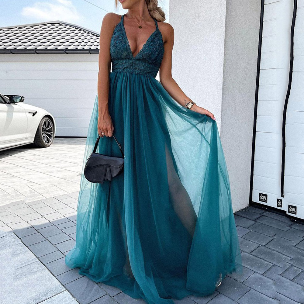 Maxi Tulle Dress | Floor-Length V-Neck Lace Sleeveless Pullover Women's Maxi Dress