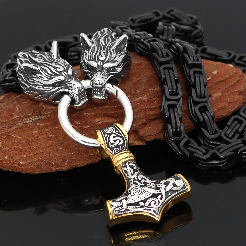 Stainless Steel Wolf Head Chain With MJOLNIR