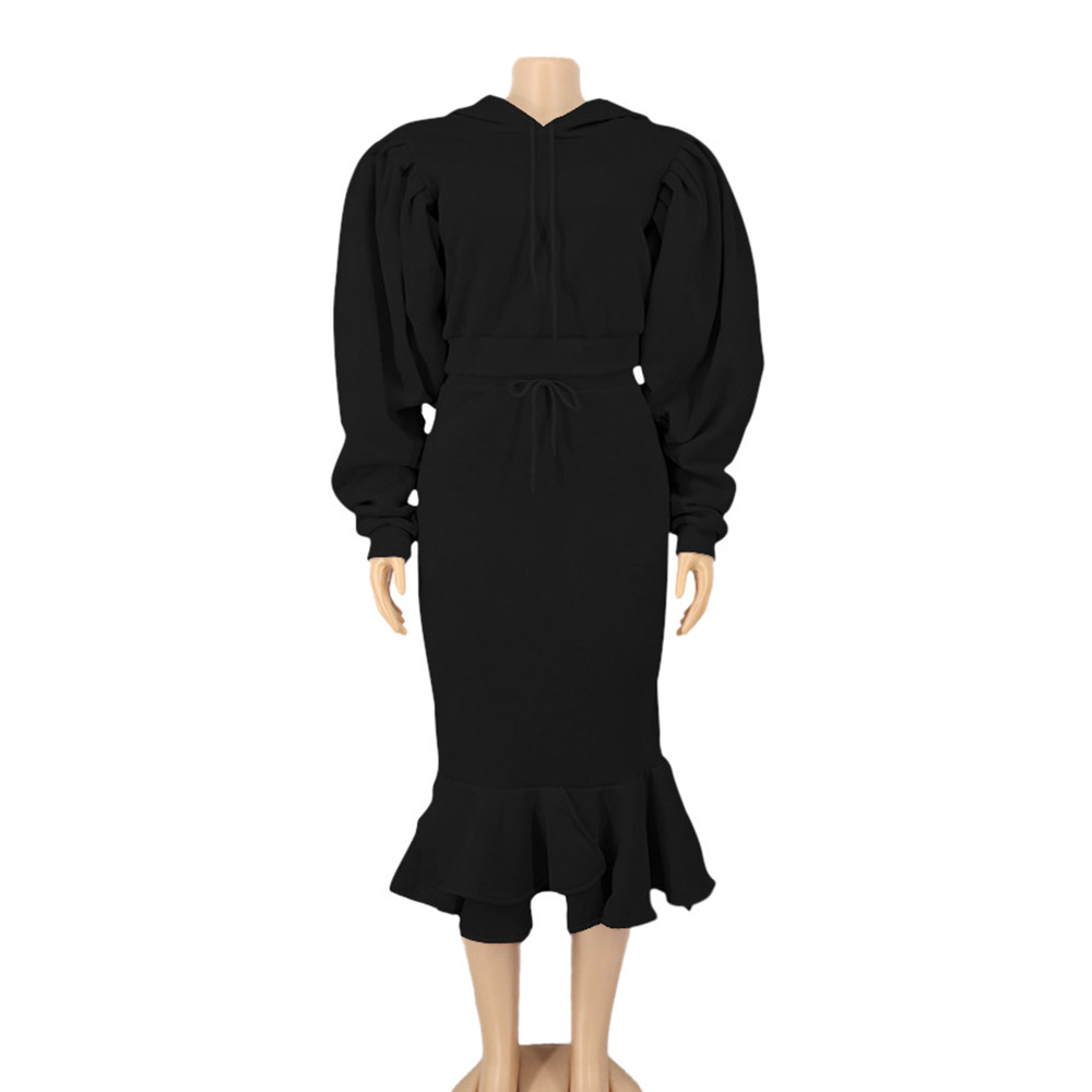 Skirt Suits | Western Plain Hoodie Falbala Pullover Women's Two Piece Sets