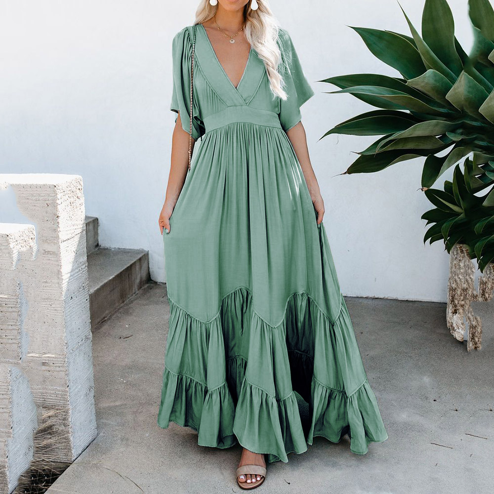 Maxi Dress 2021 | Bohemian Floor-Length V-Neck Half Sleeve A-line Women's Dress Beach Dresses