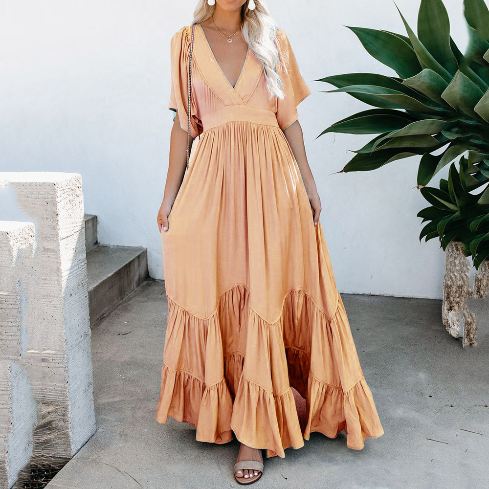 Maxi Dress 2021 | Bohemian Floor-Length V-Neck Half Sleeve A-line Women's Dress Beach Dresses