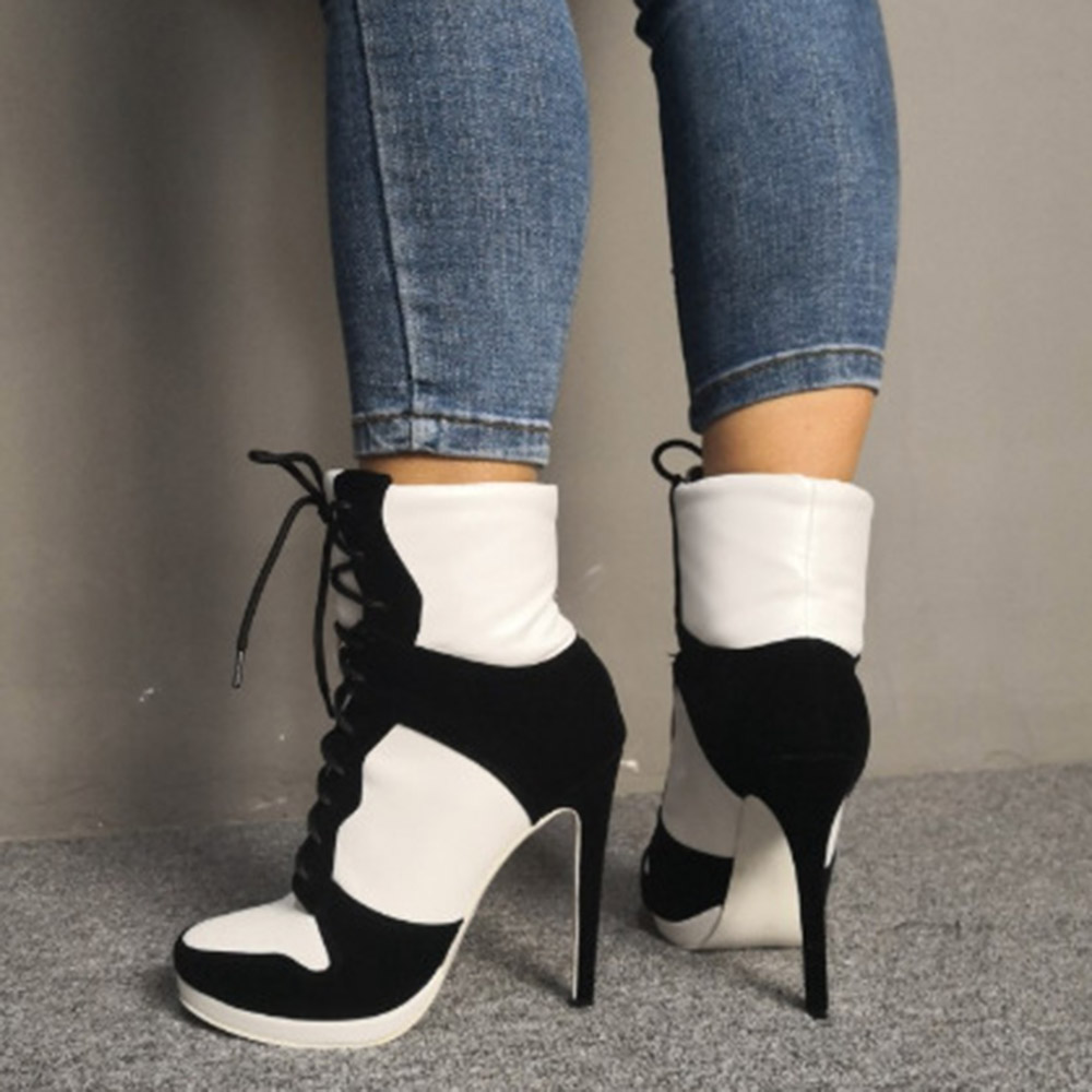 Lace-Up Front Color Block Pointed Toe Stiletto Heel Thread Boots