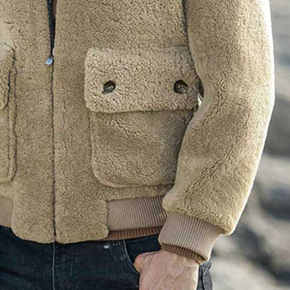 Plain Pocket Lapel Fleece Winter Men's Jacket