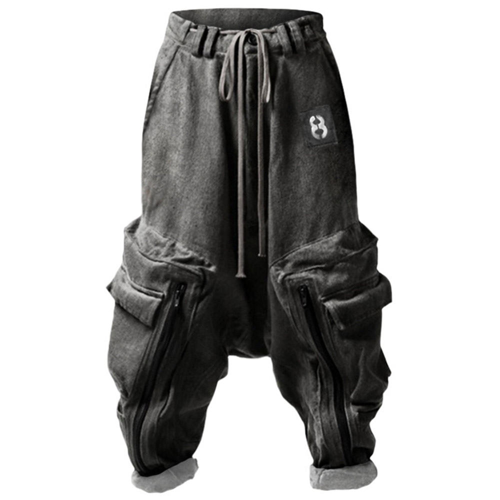 Men Vintage Sports Hiking Pants Pocket Baggy Pants Lace-Up Men's Casual Pants