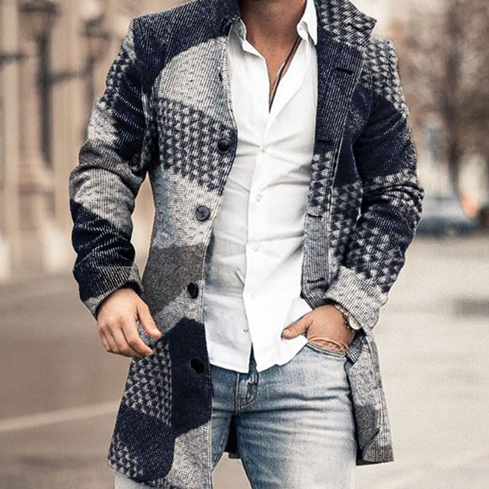Button Mid-Length Geometric Lapel Single-Breasted Men's Coat