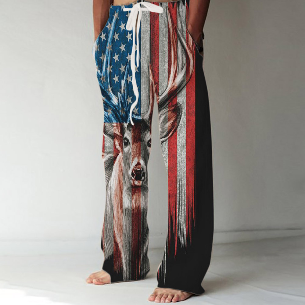 Patriotic Pants - Straight Color Block Pocket Mid Waist Men's Casual Pants