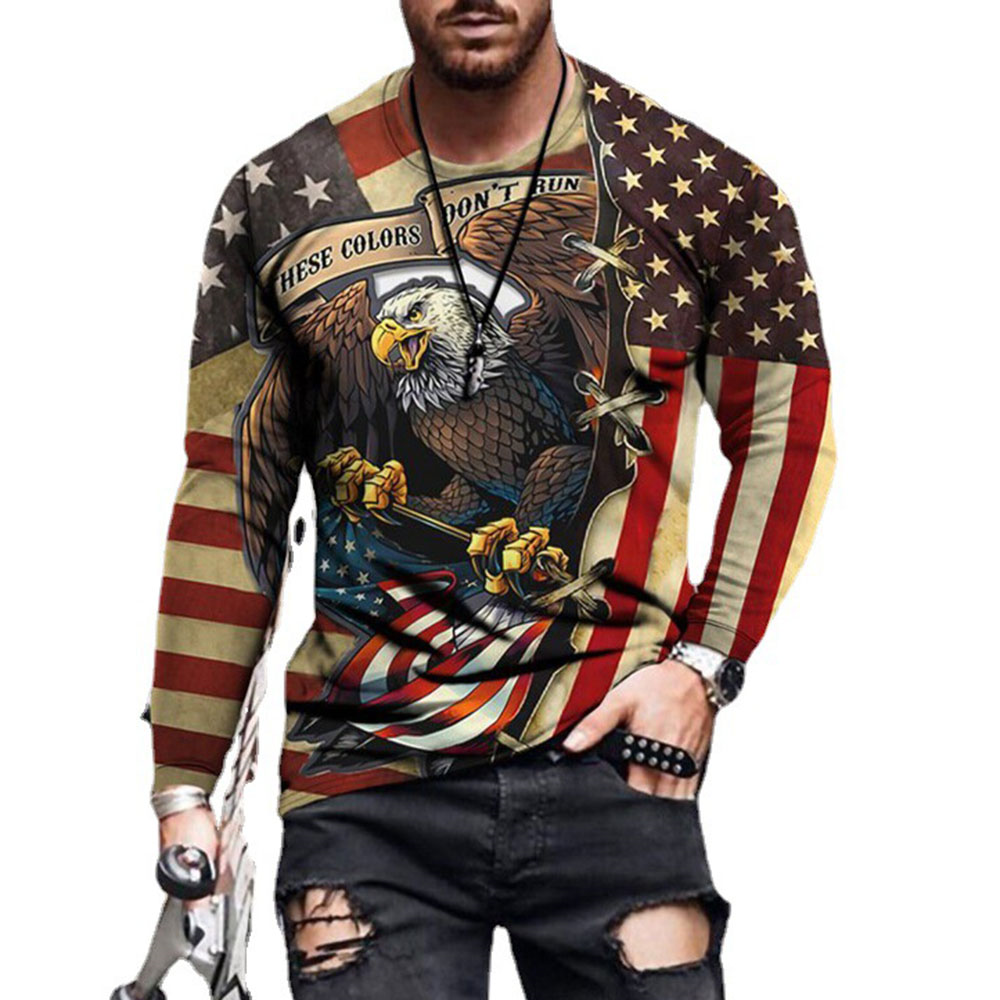 America These Colors Don't Run T-shirt | Casual Round Neck Cartoon Print Long Sleeve Men's T-shirt