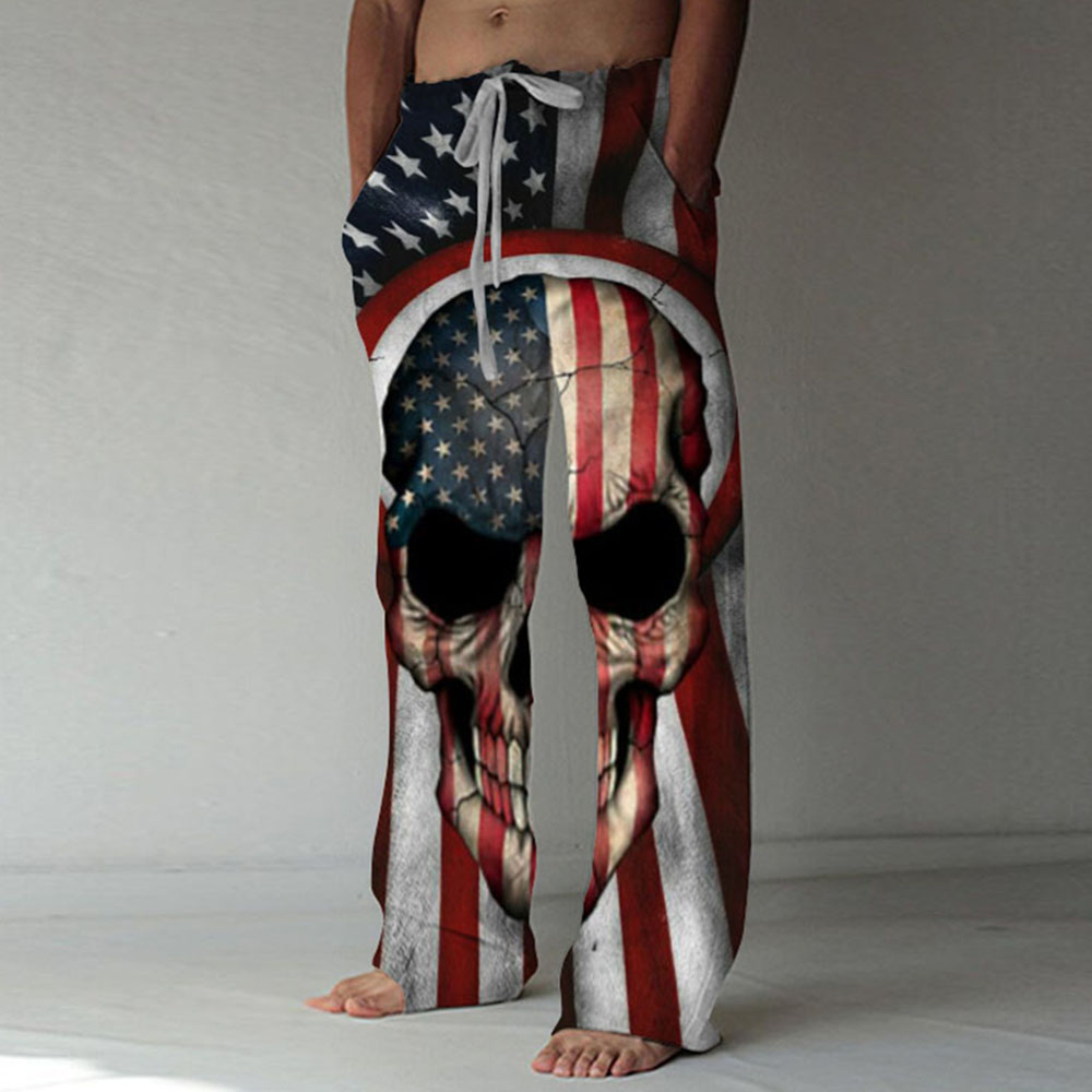 American Flag Skull Patriotic Men's Pants | Color Block Straight Print Casual Pants