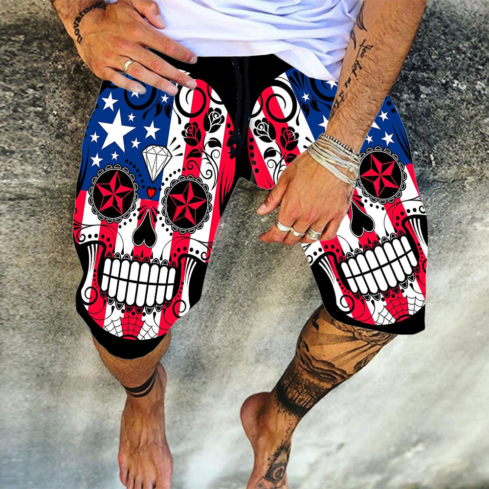 Sugar Skull with Roses and Flag of United States Shorts For Men