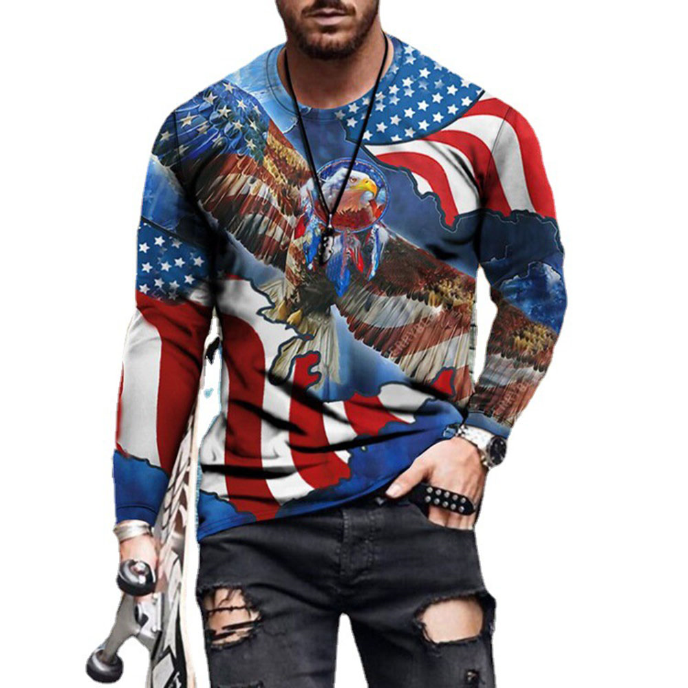 American Flag Patriotic T-Shirt | Round Neck Casual Print Long Sleeve Men's T-shirt