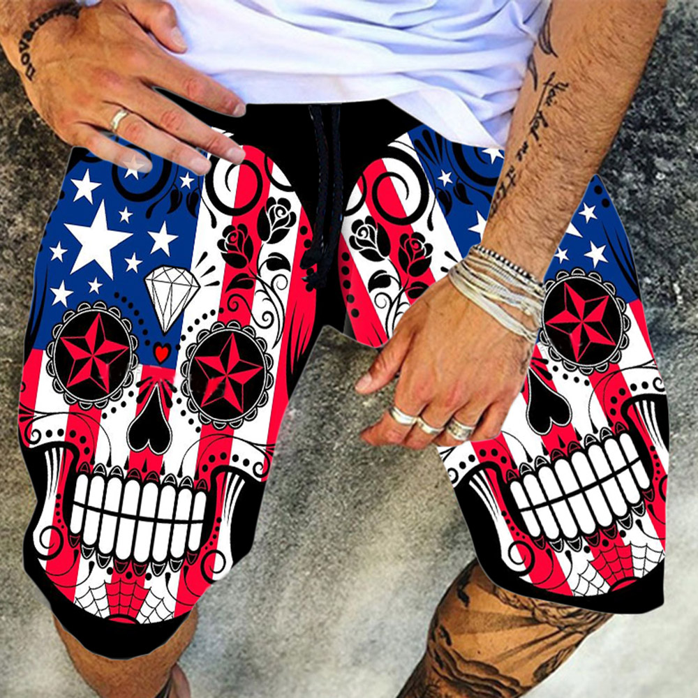 Sugar Skull with Roses and Flag of United States Shorts For Men