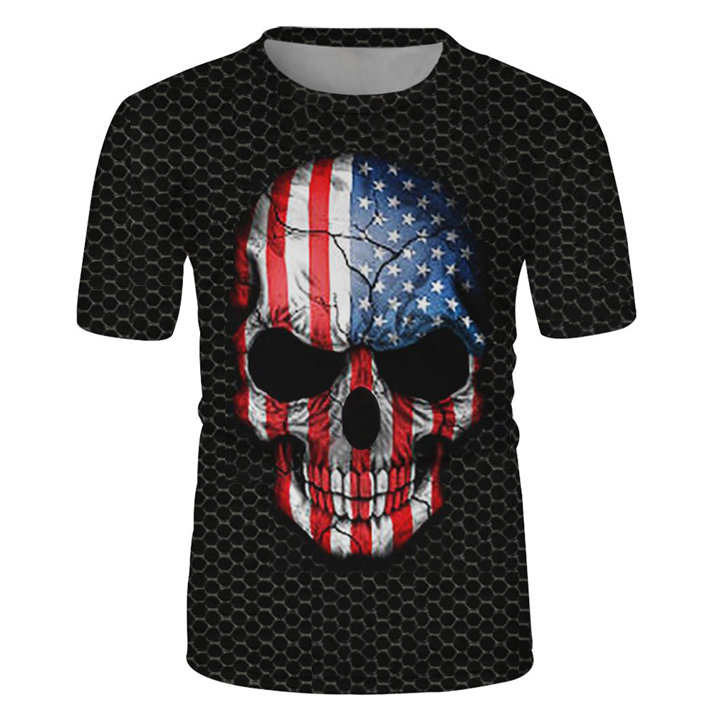 Cartoon Skull American Flag T-shirt Round Neck Hip Hop Print Loose Men's T-shirt