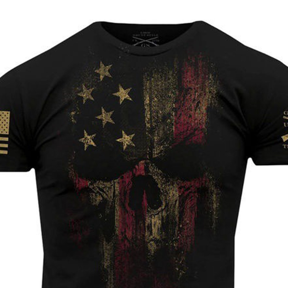 USA Military American Skull Flag Patriotic T-Shirt | Print Round Neck Casual Short Sleeve Men's T-shirt