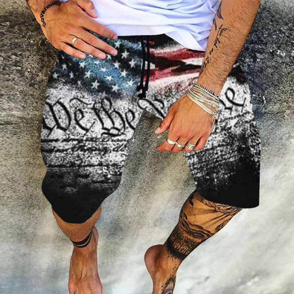 We the People - American Flag Print Shorts For Men | Letter Pocket Lace-Up Casual Shorts