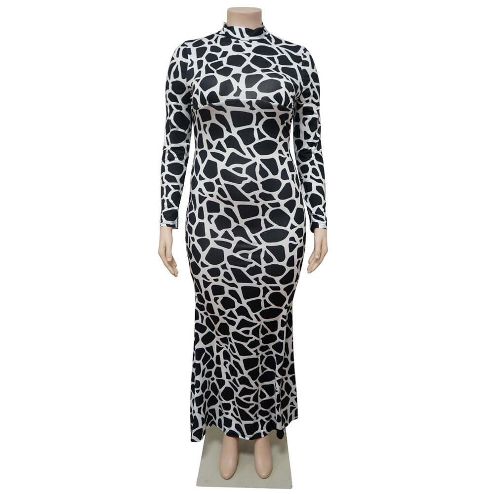 Plus Size Dress Round Neck Long Sleeve Print Ankle-Length Bodycon Women's Dress