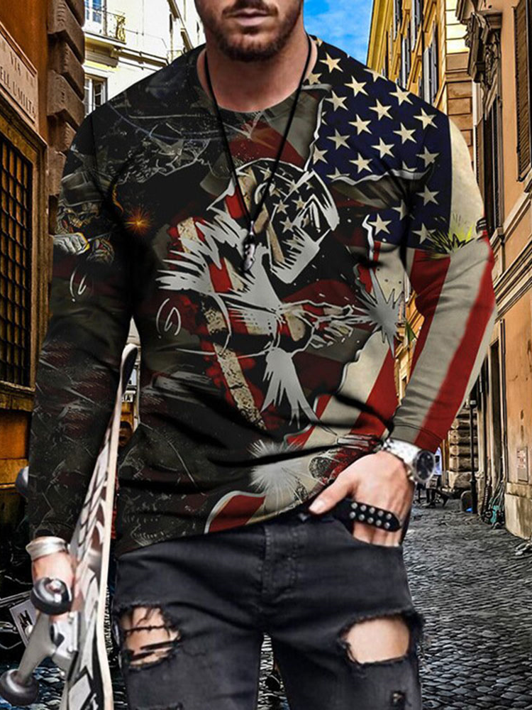 Patriotic T-Shirts | Print Round Neck Casual Cartoon Long Sleeve Men's T-shirt