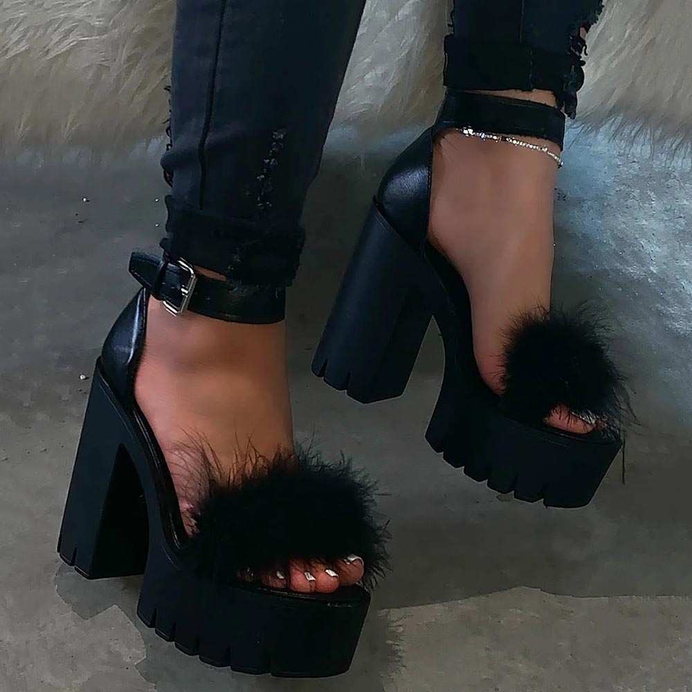 Ankle Strap Chunky Heel Line-Style Buckle Open Toe Feather Sandals