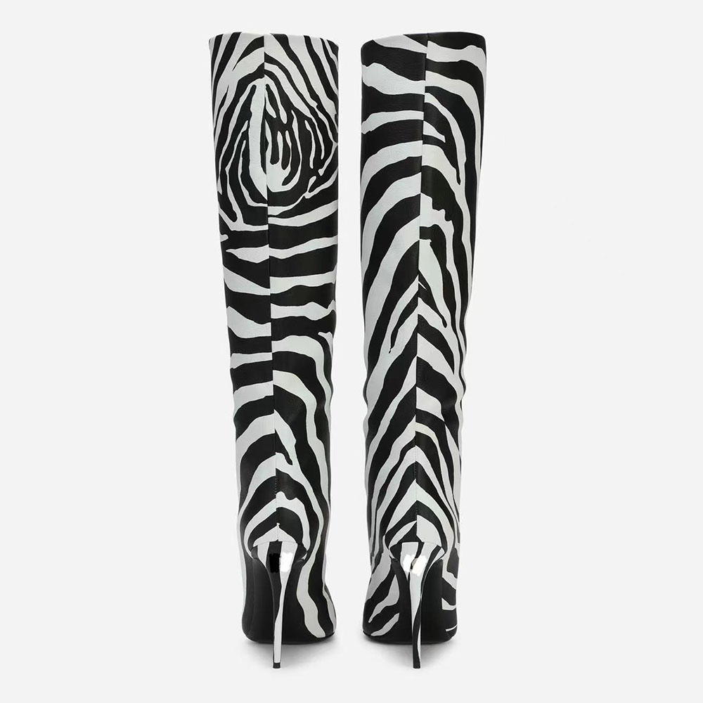 Slip-On Stiletto Heel Pointed Toe Zebra Stone Boots