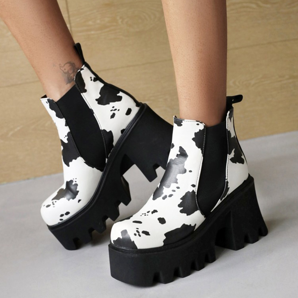 Chunky Heel Slip-On Square Toe Color Block Casual Boots - Cow Print Shoes