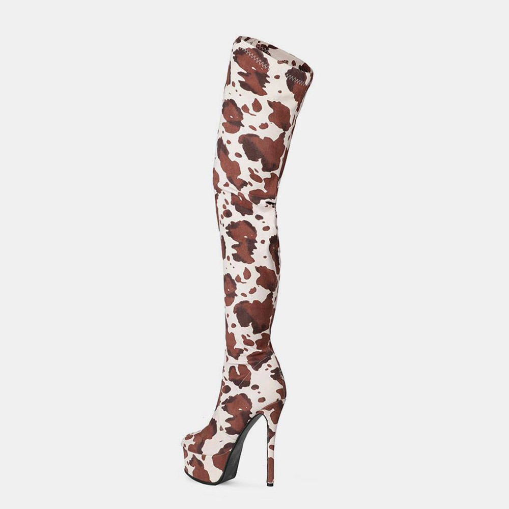 Color Block Side Zipper Round Toe Stiletto Heel Platform Boots - Cow Print Shoes