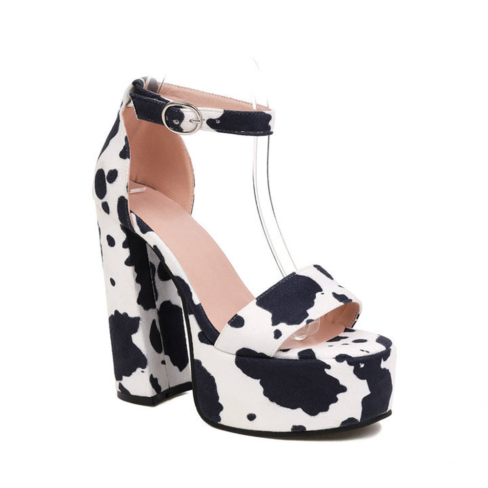 Open Toe Heel Covering Buckle Chunky Heel Thread Sandals - Cow Print Shoes