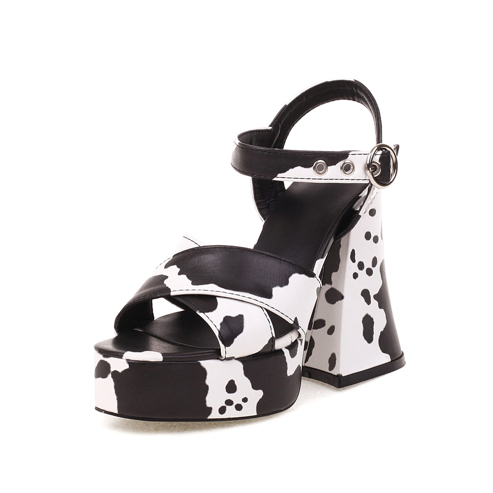 Ankle Strap Open Toe Buckle Thread Sandals - Cow Print Shoes