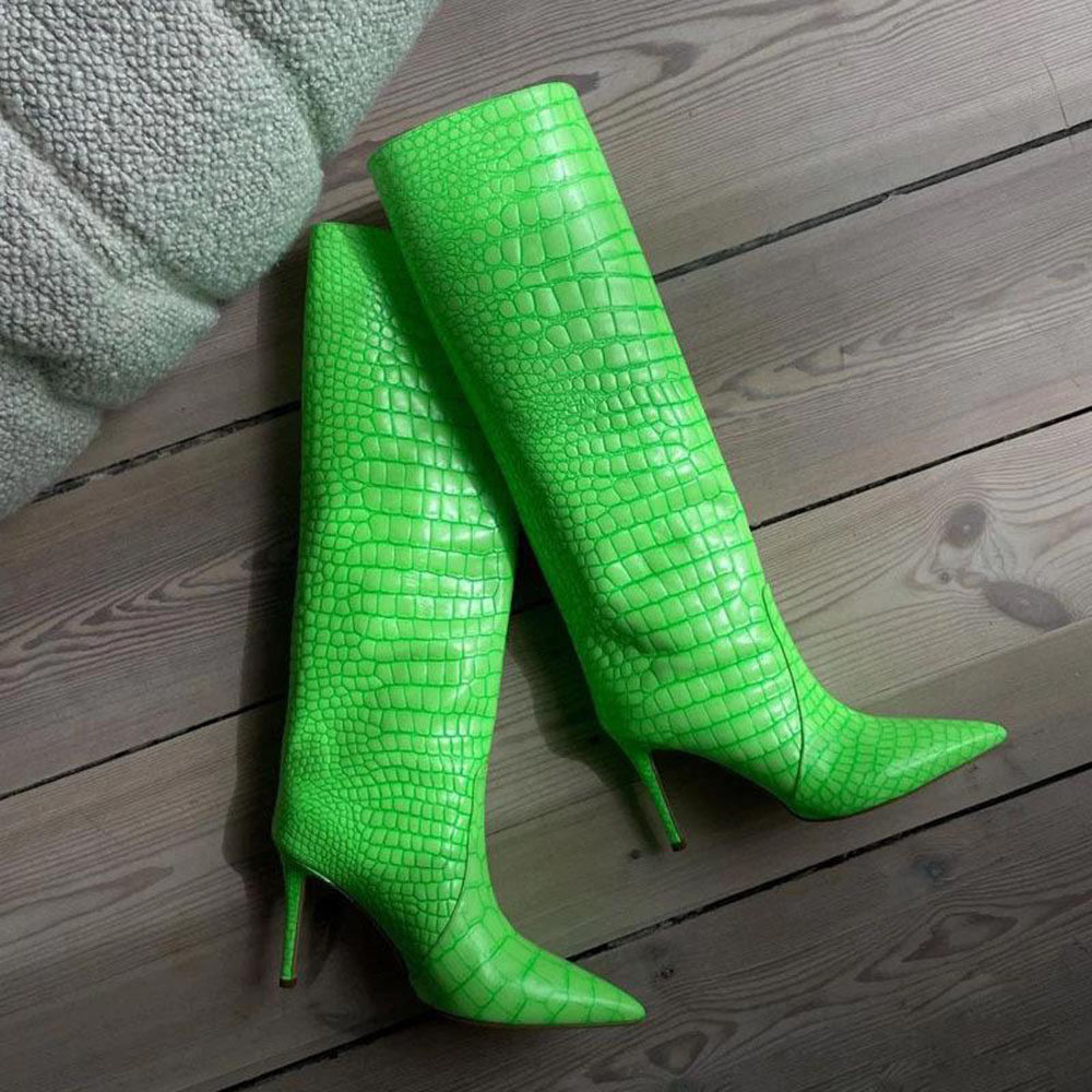 Slip-On Stiletto Heel Pointed Toe Plain Alligator Pattern Boots