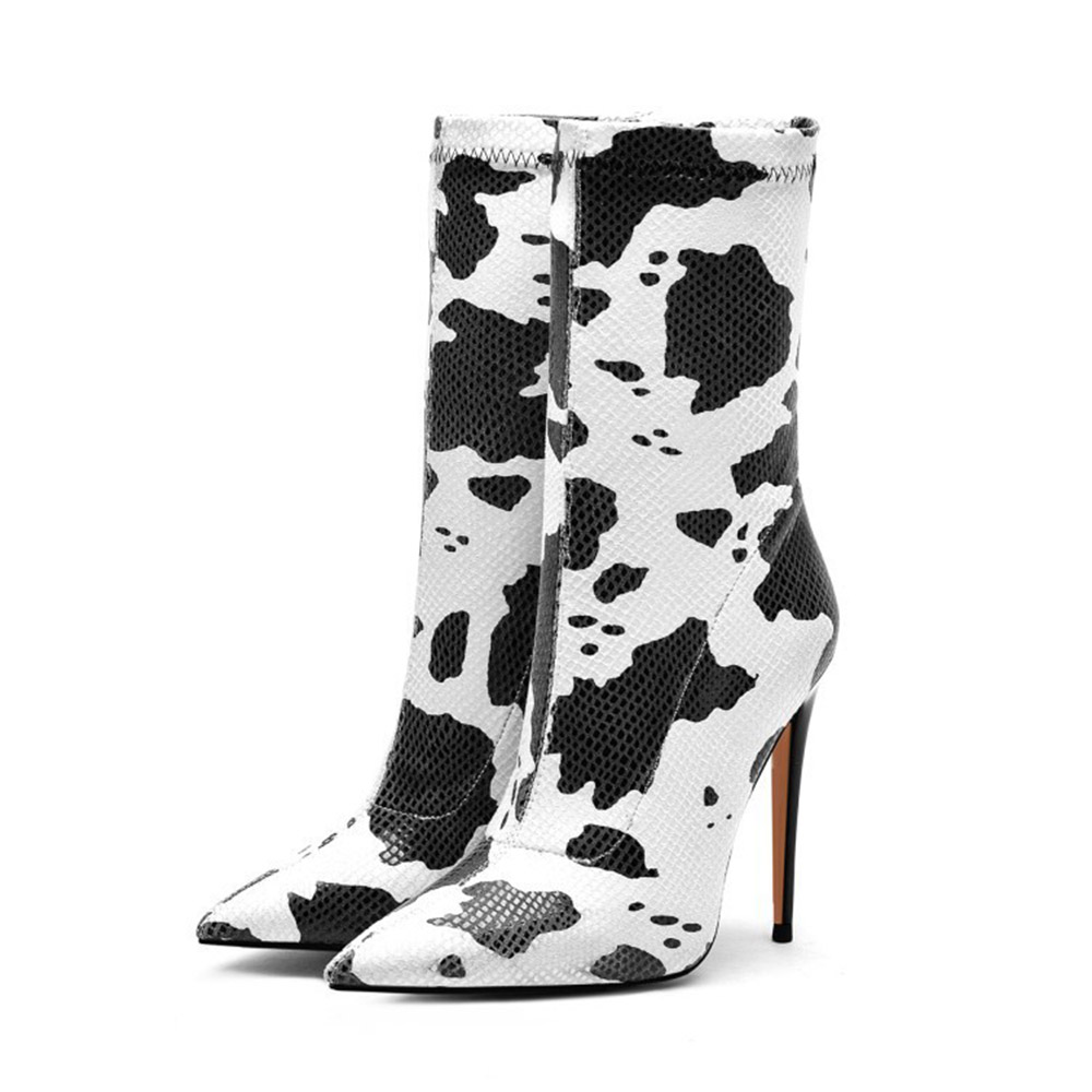 Stiletto Heel Color Block Pointed Toe Slip-On Sexy Boots - Cow Print Shoes