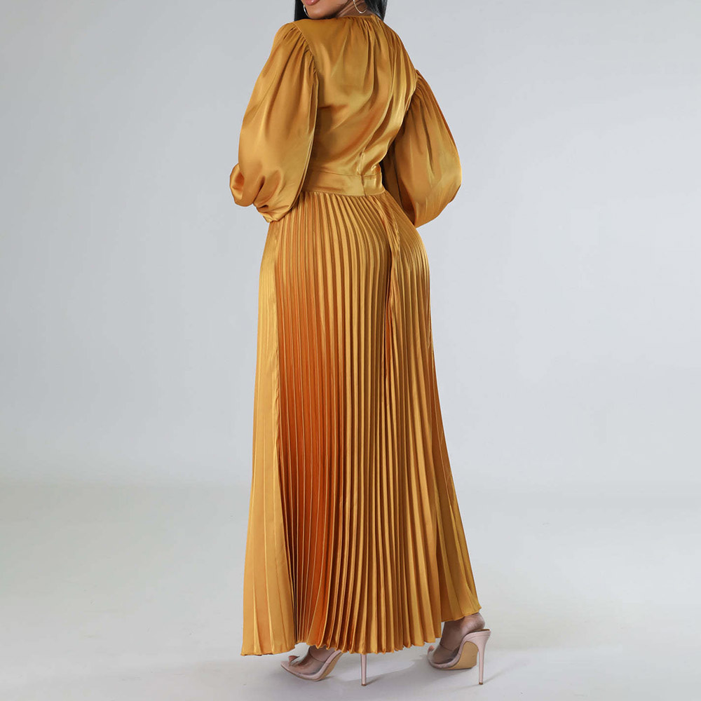 Round Neck Long Sleeve Pleated Ankle-Length Winter Women's Dress