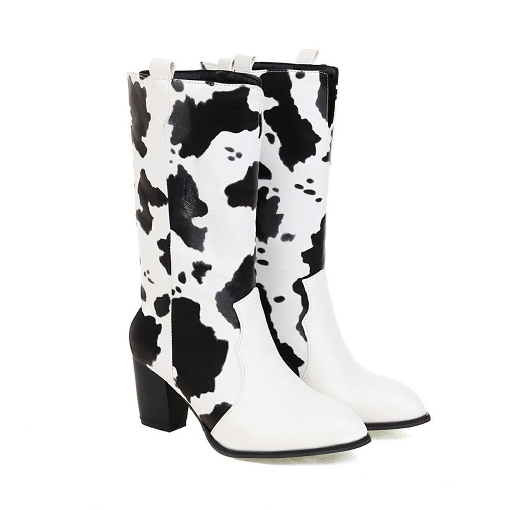 Pointed Toe Slip-On Chunky Heel Color Block Casual Boots - Cow Print Shoes