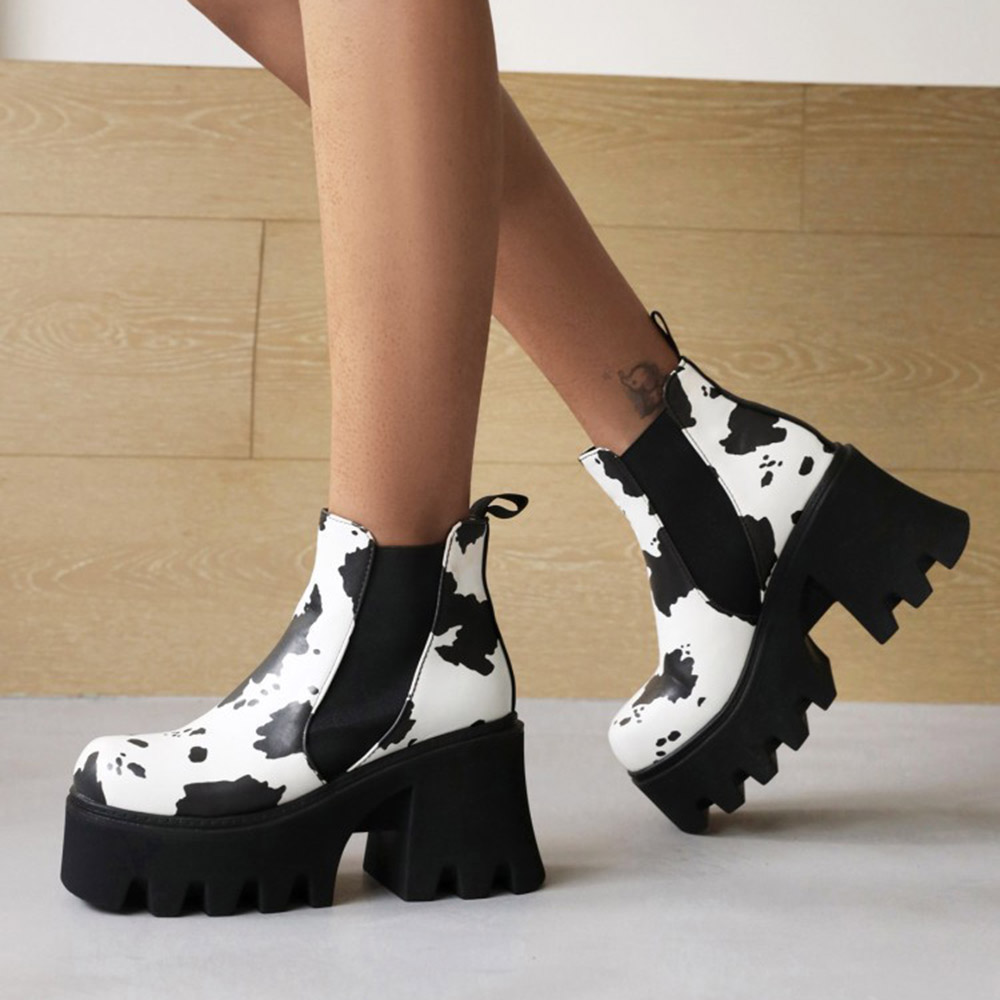 Chunky Heel Slip-On Square Toe Color Block Casual Boots - Cow Print Shoes