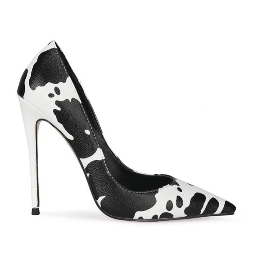 Print Stiletto Heel Pointed Toe Slip-On Color Block Thin Shoes - Cow Print Shoes