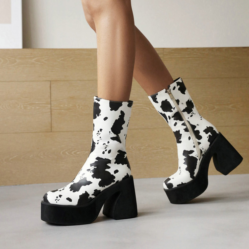 Color Block Chunky Heel Side Zipper Square Toe Platform Boots - Cow Print Shoes