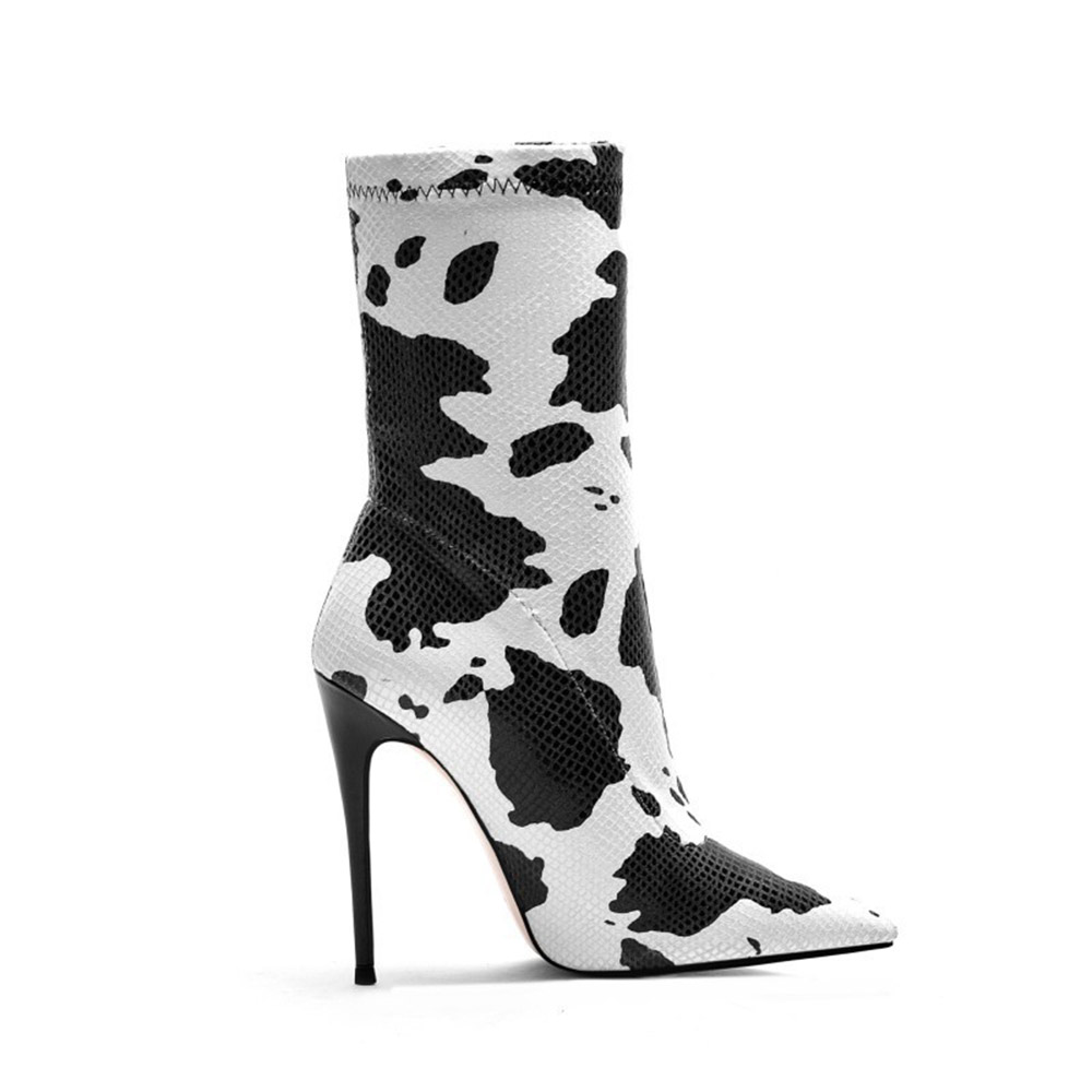 Stiletto Heel Color Block Pointed Toe Slip-On Sexy Boots - Cow Print Shoes