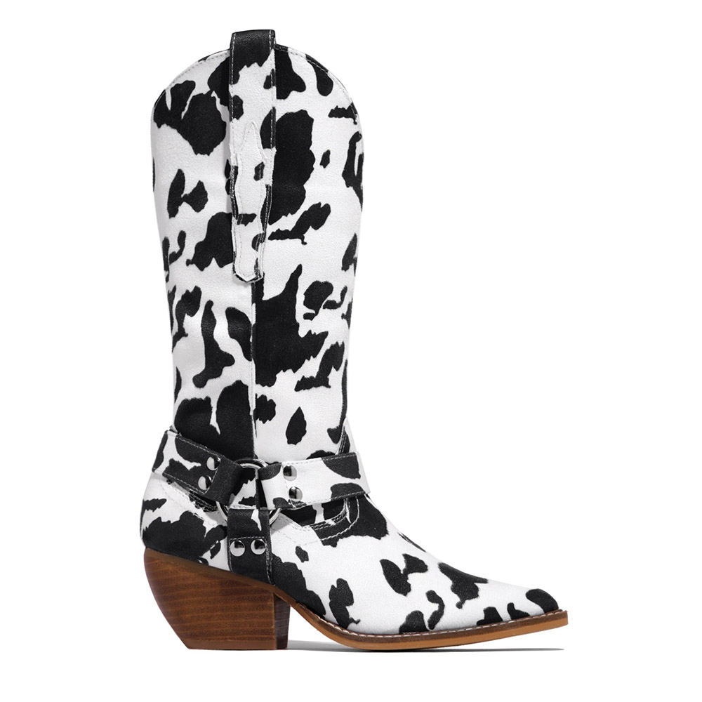 Slip-On Chunky Heel Color Block Pointed Toe Western Boots - Cow Print Shoes