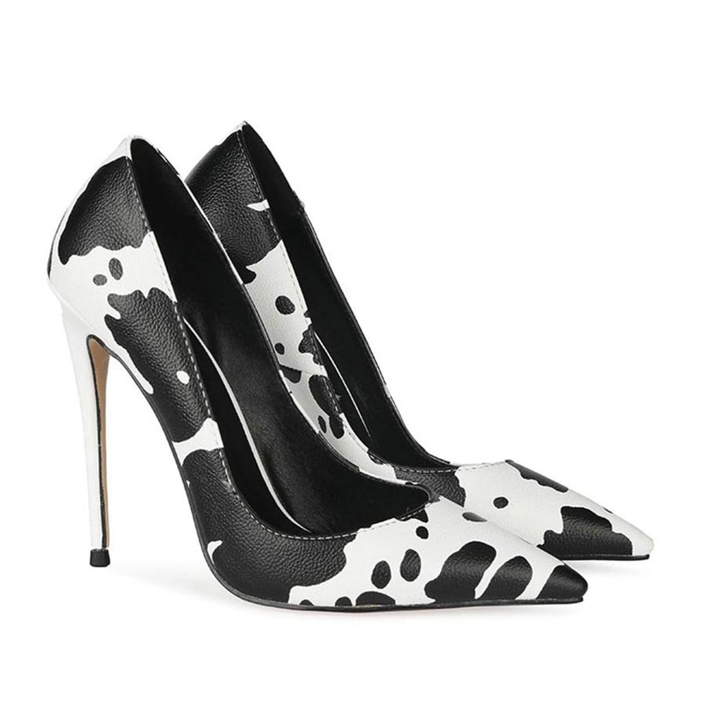 Print Stiletto Heel Pointed Toe Slip-On Color Block Thin Shoes - Cow Print Shoes