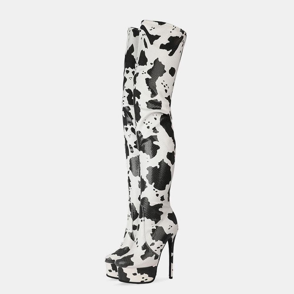 Color Block Side Zipper Round Toe Stiletto Heel Platform Boots - Cow Print Shoes