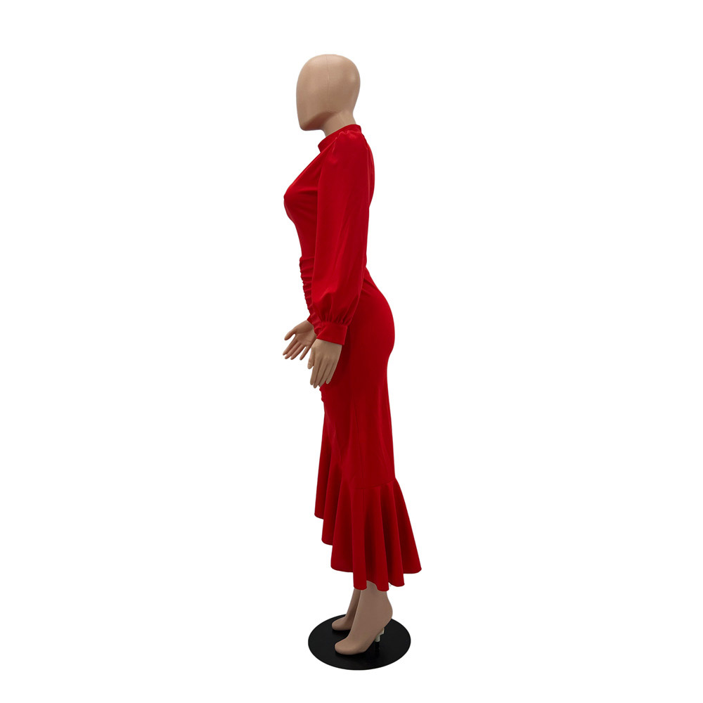 Long Sleeve Mid-Calf Stand Collar Pleated High Waist Women's Dress