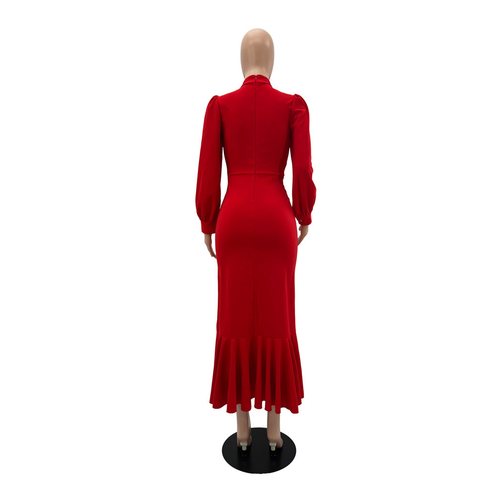 Long Sleeve Mid-Calf Stand Collar Pleated High Waist Women's Dress
