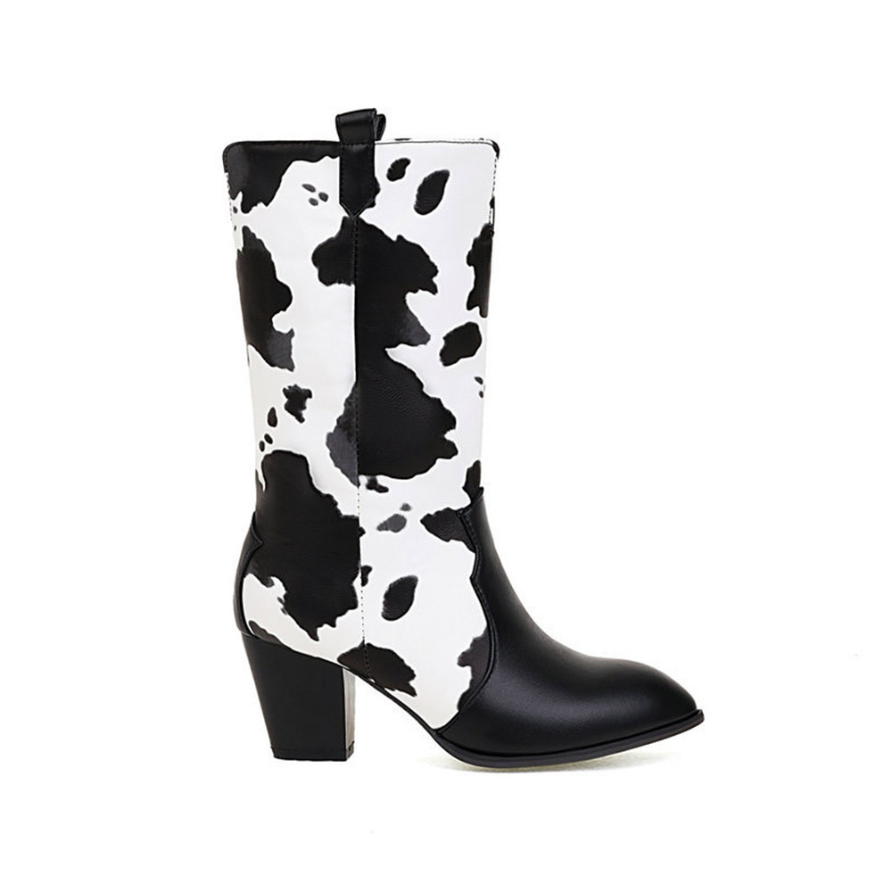 Pointed Toe Slip-On Chunky Heel Color Block Casual Boots - Cow Print Shoes