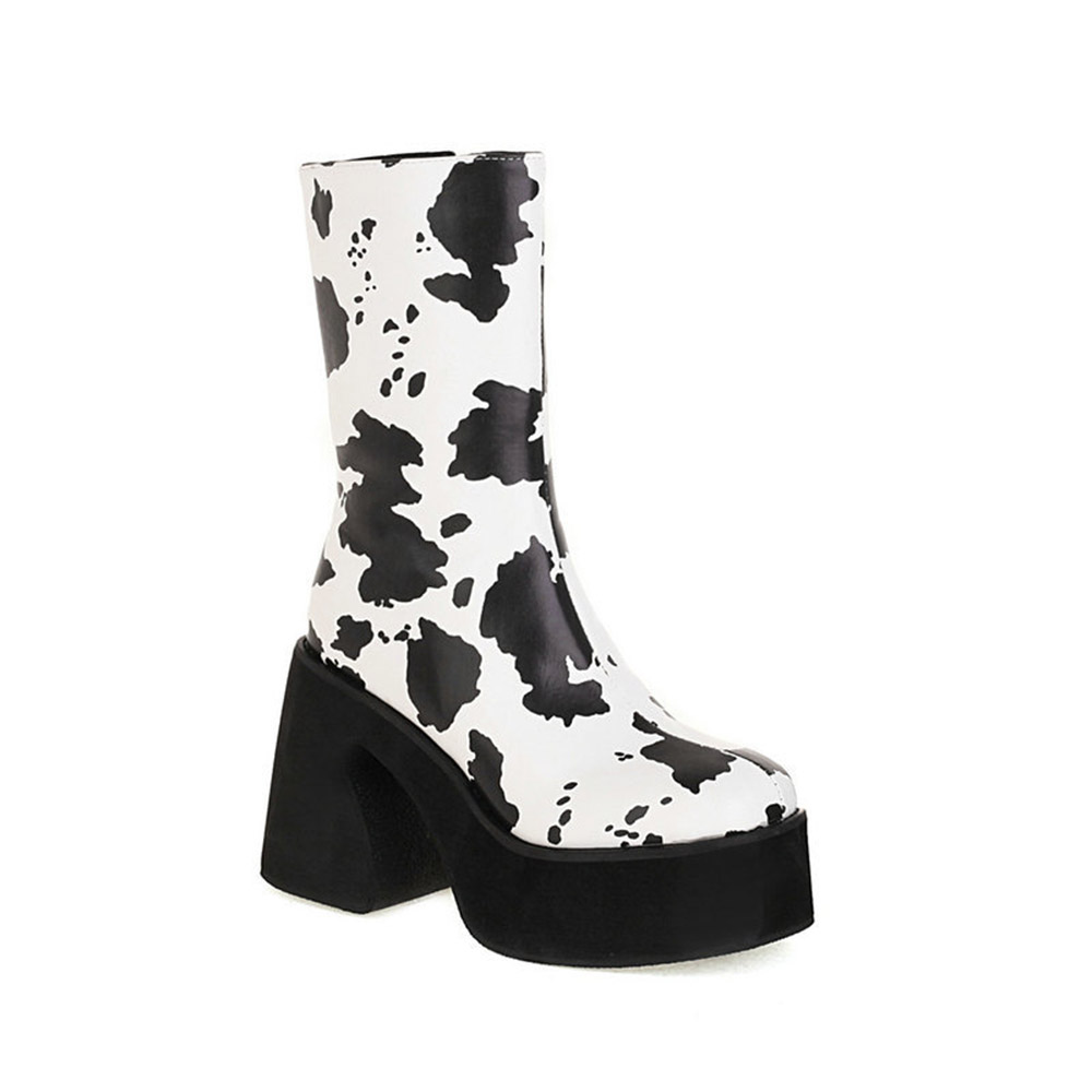 Color Block Chunky Heel Side Zipper Square Toe Platform Boots - Cow Print Shoes