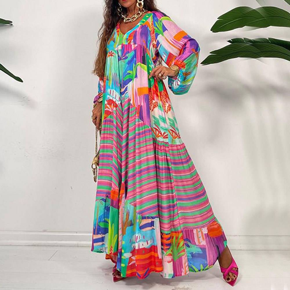 Long Sleeve V-Neck Floor-Length Print Fall Women's Dress