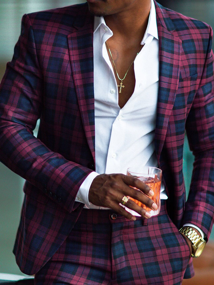 Single-Button Blazer | Coffee Slim Plaid Notched Lapel Men's Wedding Party Busines Leisure Blazer