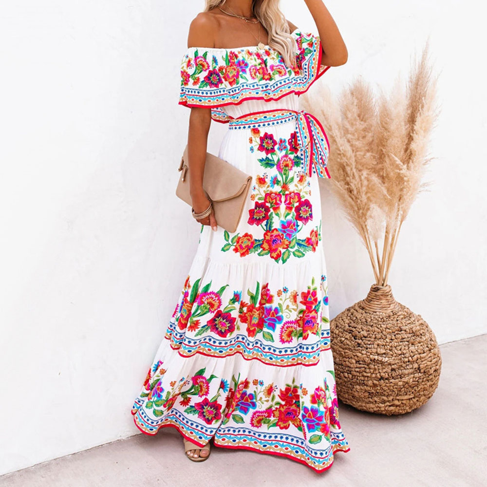 Print Ankle-Length Short Sleeve Off Shoulder Floral Women's Dress - Maxi Dress