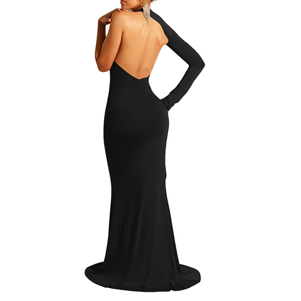Long Sleeve Floor-Length Oblique Collar Split Mid Waist Women's Dress - Maxi Dress