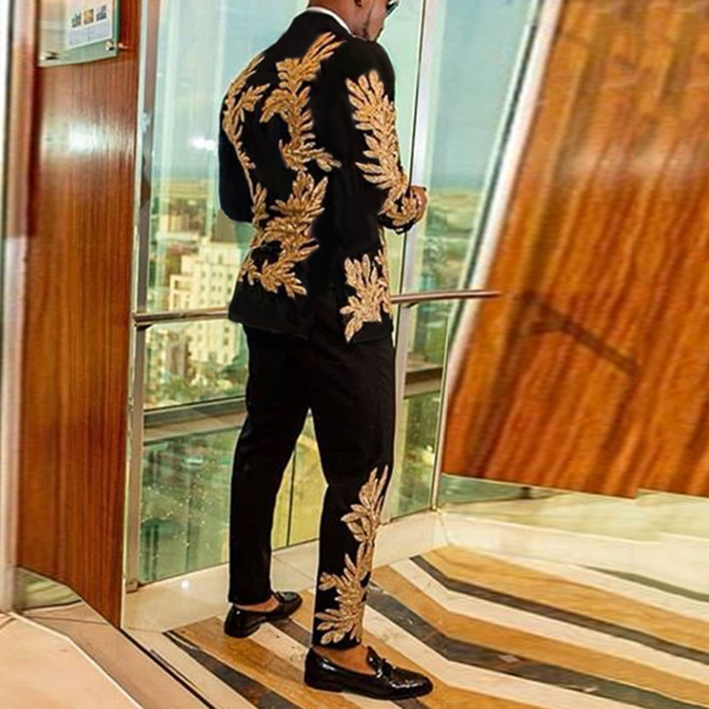 Men Luxury Gold Embroidery Black Blazer | Slim One Button Wedding Party Casual Blazer