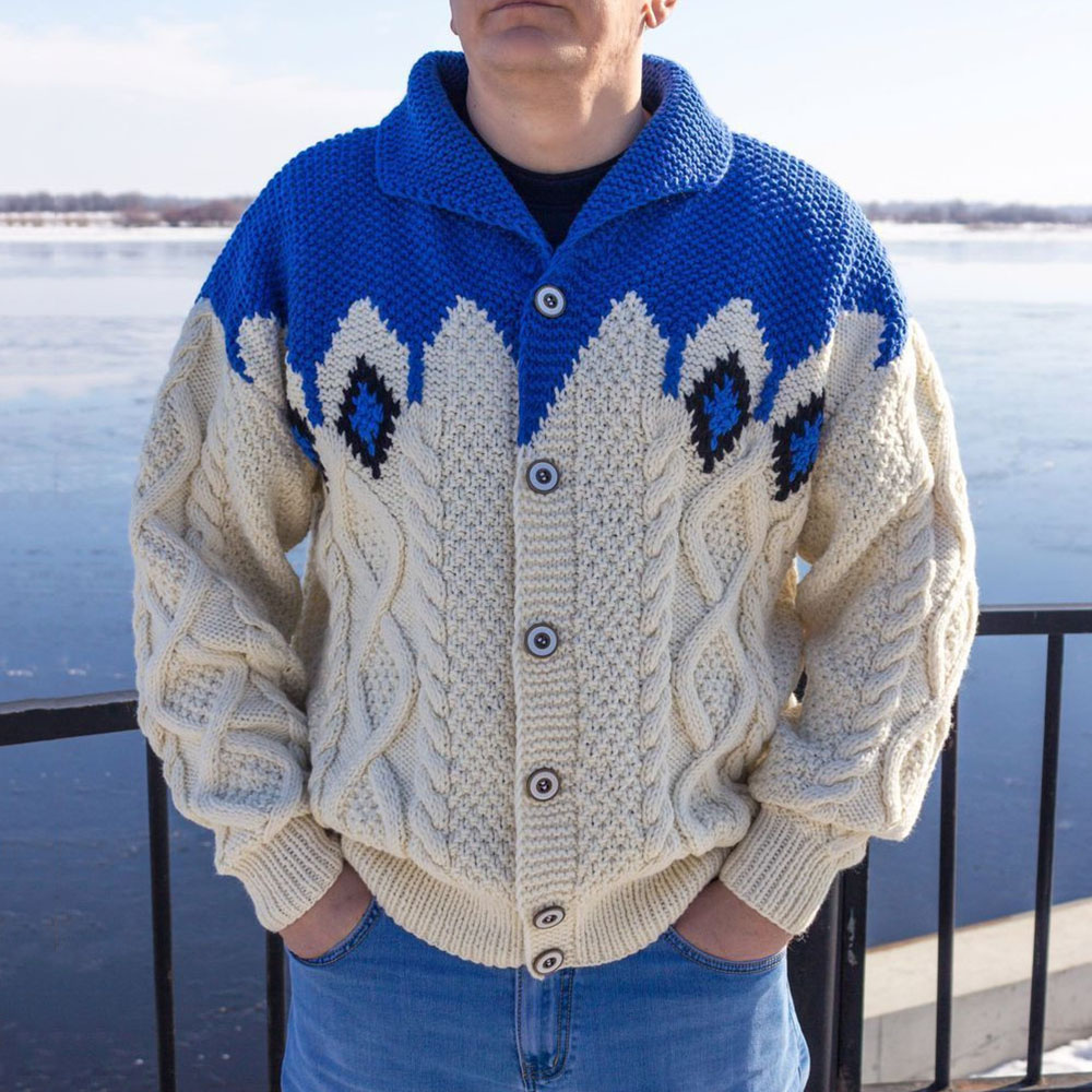 Lapel Button Color Block Standard Fall Men's Sweater
