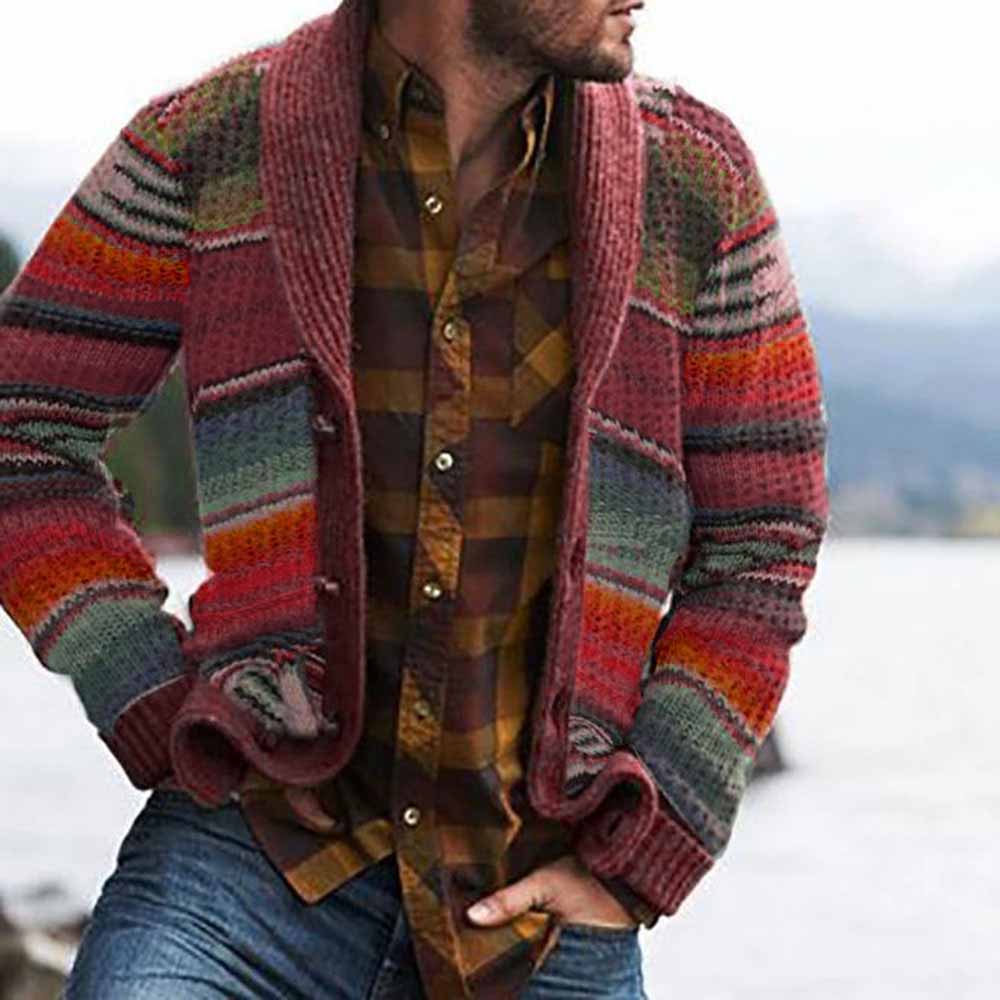 Color Block Button Standard Casual Men's Sweater