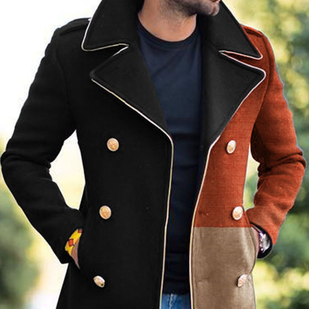 Lapel Color Block Pocket Mid-Length Fall Men's Coat